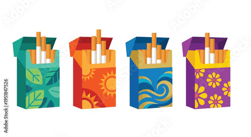 Four colorful cigarette packs with differing floral and wave designs