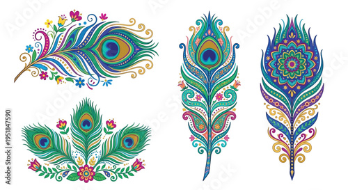 Colorful peacock feathers arranged in decorative patterned designs