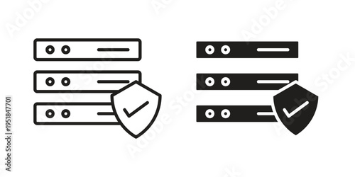 Server protection icon set in black outline and fill. Editable icons