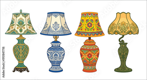 Four decorative lamps with colorful patterned shades and ornate bases