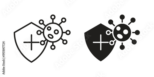 Shield virus icon set in black outline and fill. Editable icons