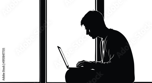 A person is intently focused on a laptop framed by a bright window creating a stark silhouette high quality professional detailed