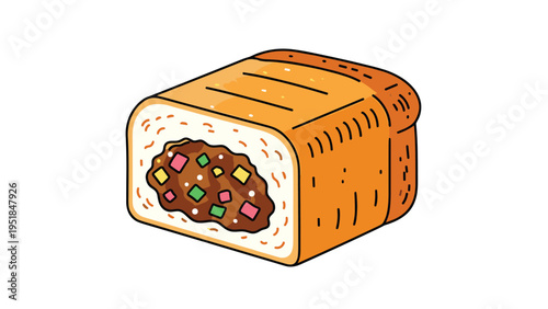 Unique culinary illustration of a crusty loaf of bread filled with rich brown curry sauce and colorful vegetable pieces.