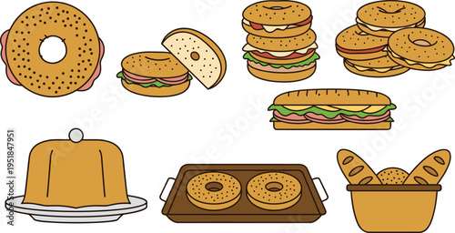 Bagel Bakery Illustration Set with Sandwich Bread Basket Tray and Breakfast Pastry Elements Flat Cartoon Food Vector Collection