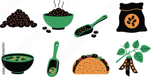 Black Beans Food Illustration Set with Bowl Scoop Bag Taco Plant and Soup Elements Flat Cartoon Vector Collection