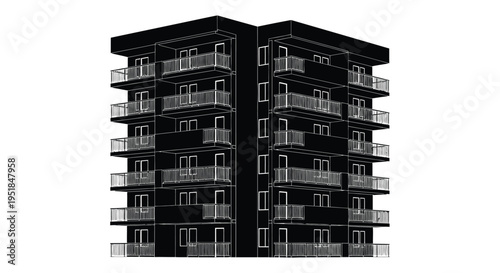 A stark black and white illustration depicts a multi story apartment building with repeating balconies a striking silhouette high quality professional detailed modern