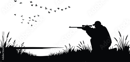 Hunter Silhouette with Rifle Aiming at Flying Birds Near Lake