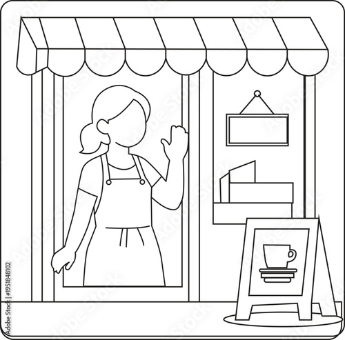 Line drawing of a shopkeeper standing in a storefront window