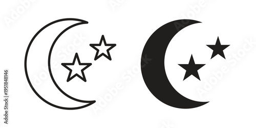 Star and crescent icon set in black outline and fill. Editable icons