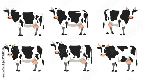 Set of six black and white spotted dairy cows shown in various standing and walking poses on a clean white background.