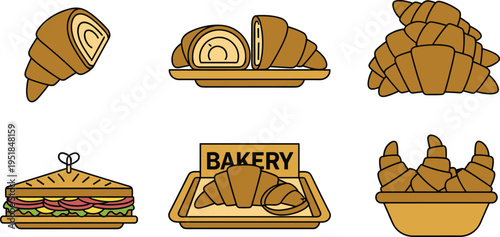 Croissant Bakery Illustration Set with Pastry Rolls Sandwich Tray Basket and French Bread Flat Cartoon Vector Collection