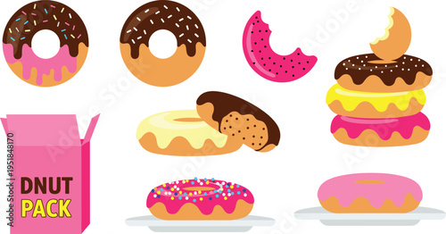 Donut Dessert Illustration Set with Glazed Sprinkle Chocolate Box and Sweet Pastry Collection Flat Cartoon Vector Food Design