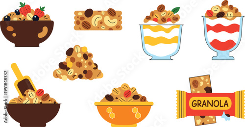 Granola Breakfast Illustration Set with Yogurt Parfait Bowl Bar Snack and Healthy Cereal Mix Flat Cartoon Vector Collection