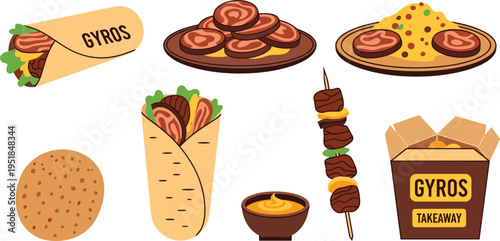 Gyros Fast Food Illustration Set with Wrap Sandwich Kebab Skewer Meat Plates Sauce and Takeaway Box Flat Cartoon Vector Collection