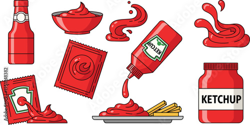 Ketchup Sauce Illustration Set with Bottle Packet Splash Fries and Bowl Condiment Flat Cartoon Food Vector Collection
