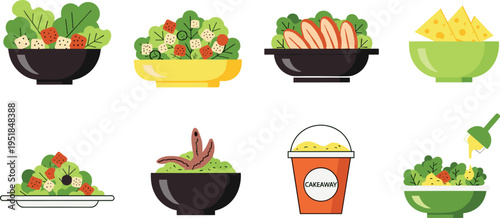 Healthy Salad Bowl Illustration Set with Fresh Vegetables Chicken Cheese Takeaway and Dressing Elements Flat Cartoon Vector Collection