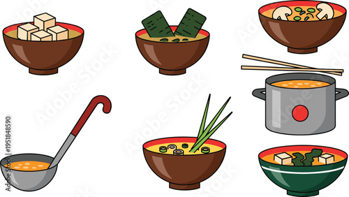 Miso Soup Illustration Set with Tofu Seaweed Bowl Chopsticks Pot and Ladle Asian Cuisine Flat Cartoon Vector Collection