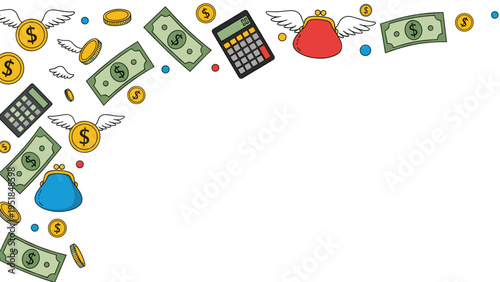 Conceptual financial illustration showing money bills, coins, and wallets flying away with wings alongside calculators.