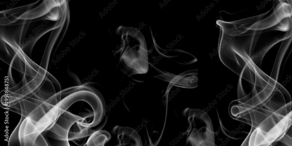 Fototapeta premium Wispy white smoke swirls and ethereal vapor plumes isolated on black background