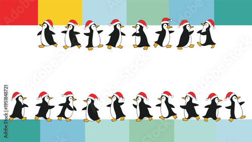 Cute winter frame featuring two rows of cheerful penguins wearing red and white Santa hats for the holiday season.