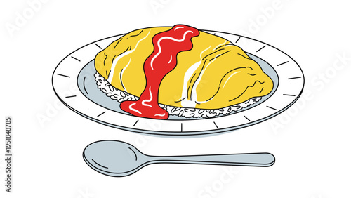 Appetizing illustration of a japanese omurice dish featuring a fluffy omelet over rice topped with red tomato ketchup.