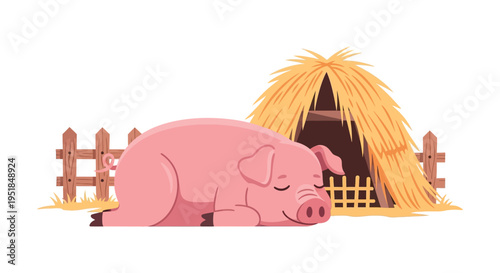 A pink pig rests peacefully near a barn with hay bales creating a charming rural scene silhouette high quality professional detailed