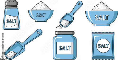 Salt Ingredient Illustration Set with Shaker Bowl Scoop Jar and Packet Flat Cartoon Kitchen Seasoning Vector Collection