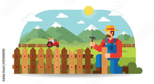 A farmer repairs a wooden fence with a tractor and mountains in the background a flat vector silhouette high quality professional