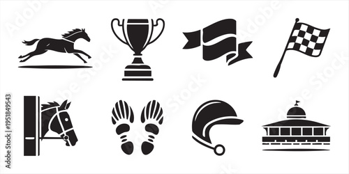 Collection of horse racing icons, horse, trophy, ribbon, flag, jockey helmet, grandstand