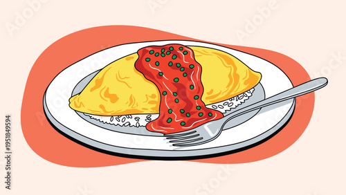Delicious omurice dish featuring a golden omelet over rice topped with tomato ketchup and fresh green peas.