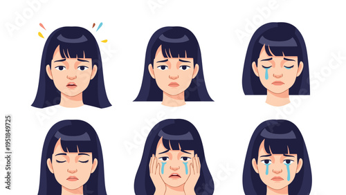 Set of six facial expressions of a young woman showing various stages of sadness, crying, and emotional distress.