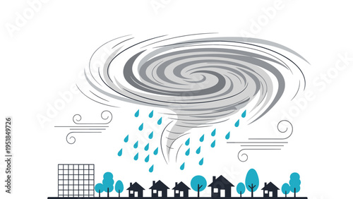 Dramatic weather illustration of a powerful swirling tornado and heavy rain over a suburban neighborhood with houses.