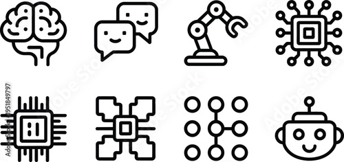 Black line icon set featuring artificial intelligence, brain, robot arm, chip, neural network, and chatbot representing future technology and innovation.
