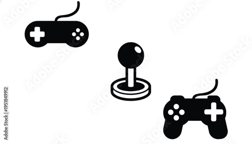 Video game controllers and joystick icons with black simple silhouettes on a white background, representing retro and modern gaming.
