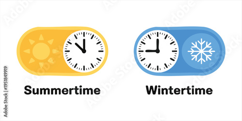 Summer and winter time concept with sun and snowflake clock icons indicating seasonal changes