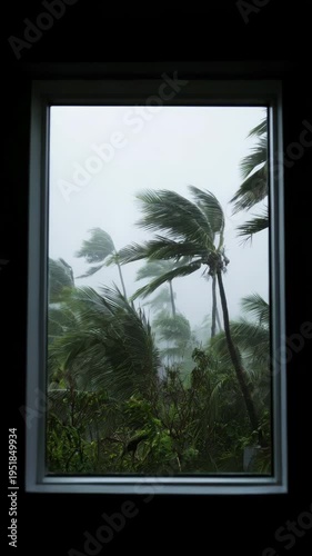 Hurricane storm winds bending palm trees outside window