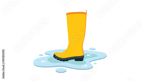 Yellow rubber boot standing in a puddle with water splashes and droplets, perfect for rainy day activities