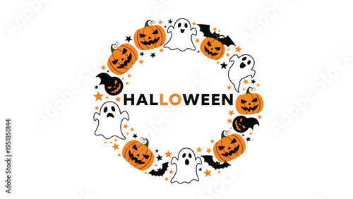 Circular Halloween wreath design composed of spooky ghosts, carved jack-o-lantern pumpkins, bats, and stars around central text.
