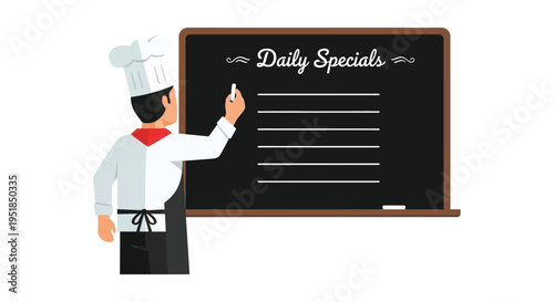 A chef in uniform writes on a chalkboard displaying daily specials creating a striking silhouette high quality professional detailed modern elegant