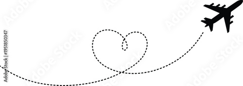 Airplane dotted flight path forming heart shape, travel love concept illustration, romantic journey symbol, aviation route design, tourism and vacation vector graphic