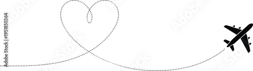 Airplane flight path heart shape illustration, travel love concept with dotted line route, romantic journey symbol, aviation travel design, tourism and vacation graphic