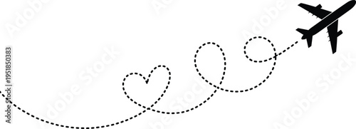 Airplane flight path with heart shape, dotted route illustration, travel love concept design, romantic journey symbol, aviation tourism graphic, vacation vector element