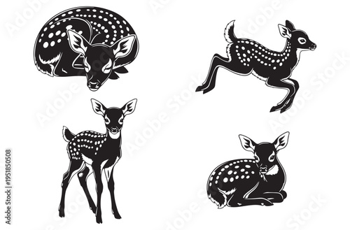 Baby deer collection featuring cute fawns in various poses like sleeping jumping and standing with spotted fur patterns ideal for wildlife nature illustrations and forest clip art