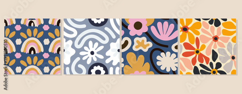 colorful rainbow pattern with flowers on blue background seamless design