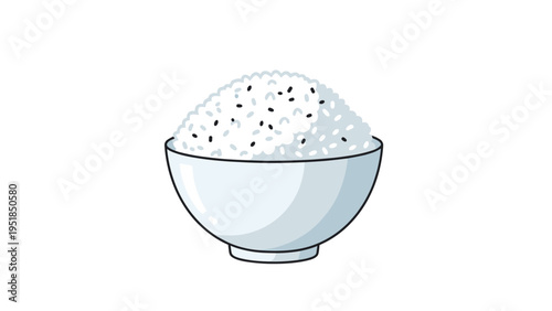 Simple and clean illustration of a white bowl filled with steaming white rice topped with a sprinkle of black sesame seeds.