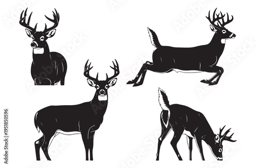 Deer buck silhouettes collection with antlers including front view jumping standing and grazing positions for hunting club emblem design or wildlife nature lover silhouette project