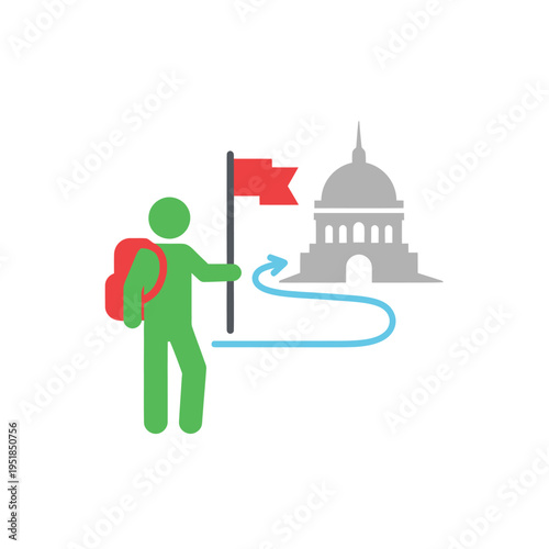 Person with flag icon on journey to capitol building