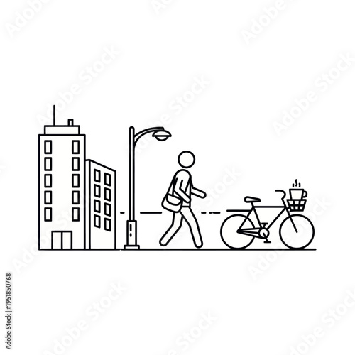 Person walking past bicycle and city buildings on street