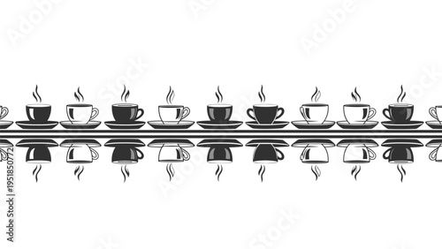 Horizontal border design featuring a repetitive pattern of steaming black and white coffee cups on saucers with reflections.