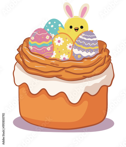 Easter cake decorated with eggs and chick illustration